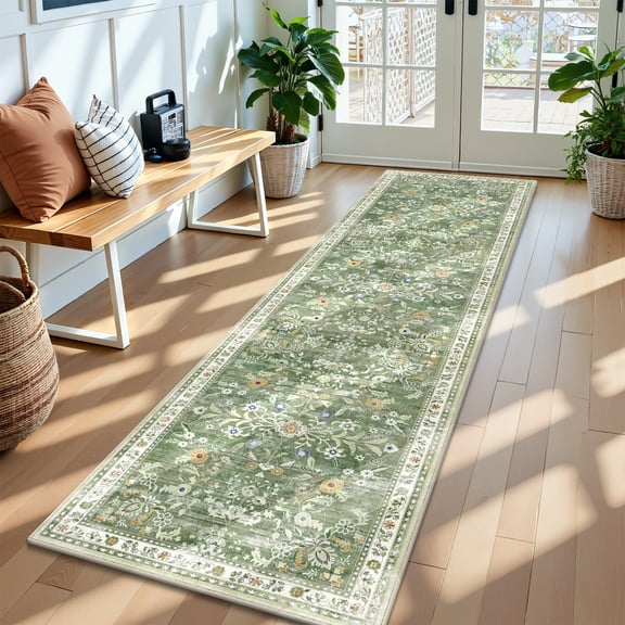 MJIAexp 2'x8' Boho Runner Rug,Non Slip Washable Floral Hallway Runner Rug with Rubber Backing, Low Pile Faux Wool Distressed Carpet for Kitchen, Laundry, Bedroom, Entrance,Green