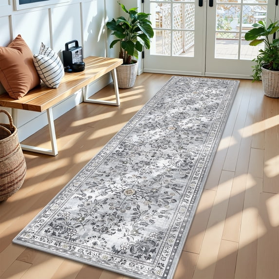 MJIAexp 2'x8' Boho Runner Rug,Non Slip Washable Floral Hallway Runner Rug with Rubber Backing, Low Pile Faux Wool Distressed Carpet for Kitchen, Laundry, Bedroom, Entrance,Grey