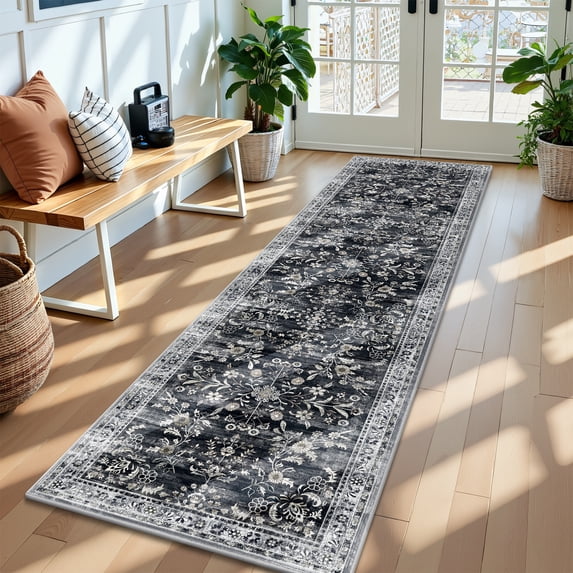 MJIAexp 2'x8' Boho Runner Rug,Non Slip Washable Floral Hallway Runner Rug with Rubber Backing, Low Pile Faux Wool Distressed Carpet for Kitchen, Laundry, Bedroom, Entrance,Black