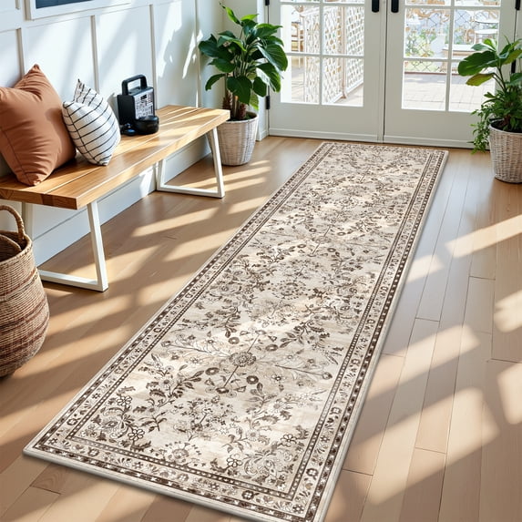 MJIAexp 2'x8' Boho Runner Rug,Non Slip Washable Floral Hallway Runner Rug with Rubber Backing, Low Pile Faux Wool Distressed Carpet for Kitchen, Laundry, Bedroom, Entrance,Brown