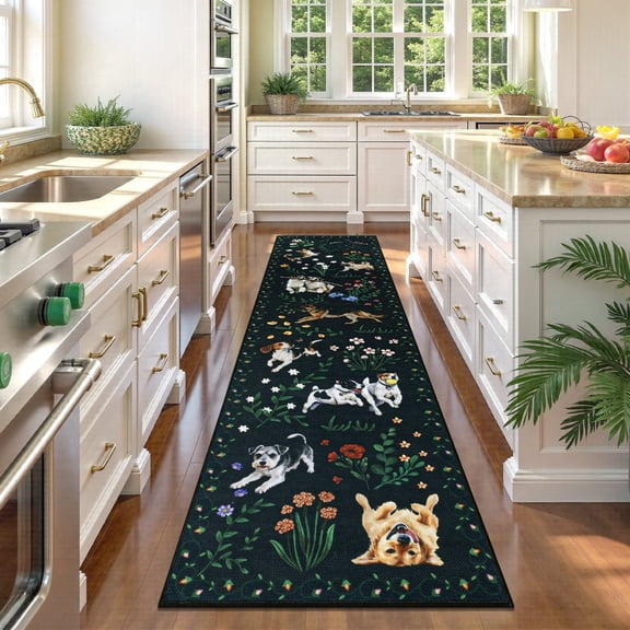 MJIAexp 2'x8' Jute Animal Dog Floral Kitchen Runner Rug,Woven Texture Machine Washable Runner Rug Non-Slip Rubberback Hallway Runner Laundry Rug Throw Carpet for Living Room Bedroom Dining Room Entry