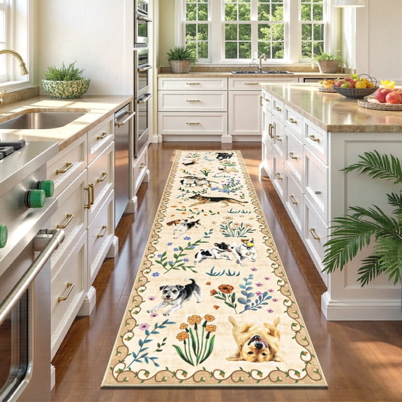 MJIAexp 2'x8' Jute Animal Dog Floral Kitchen Runner Rug,Woven Texture Machine Washable Runner Rug Non-Slip Rubberback Hallway Runner Laundry Rug Throw Carpet for Living Room Bedroom Dining Room Entry