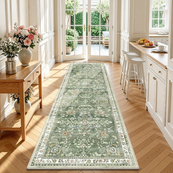 MJIAexp 3'x10' Boho Runner Rug,Non Slip Washable Floral Hallway Runner Rug with Rubber Backing, Low Pile Faux Wool Distressed Carpet for Kitchen, Laundry, Bedroom, Entrance,Green
