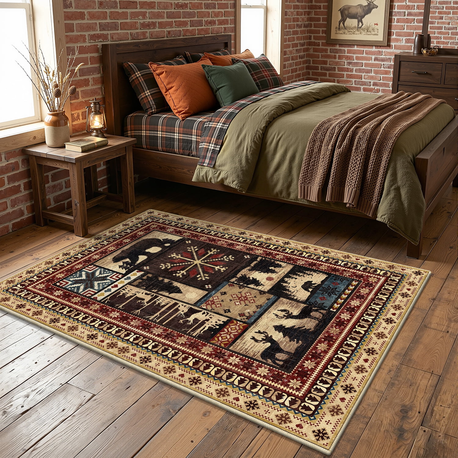 MJIAexp 3'x5' Area Rug Washable Bedroom Rug,Vintage Western Buffalo Bear Decor Entryway Carpet Rugs, Non Slip Soft Low Pile Area Carpet for Living Room Bedroom Festive Decor