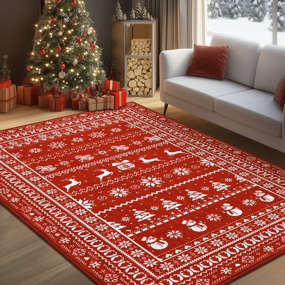 MJIAexp 3'x5' Christmas Area Rug,Washable Red Snowflake Indoor Christmas Holiday Decor Carpet, Non Slip Soft Low Pile Xmas Carpet for Living Room, Bedroom, Kitchen, Entryway, Dining Room, Red