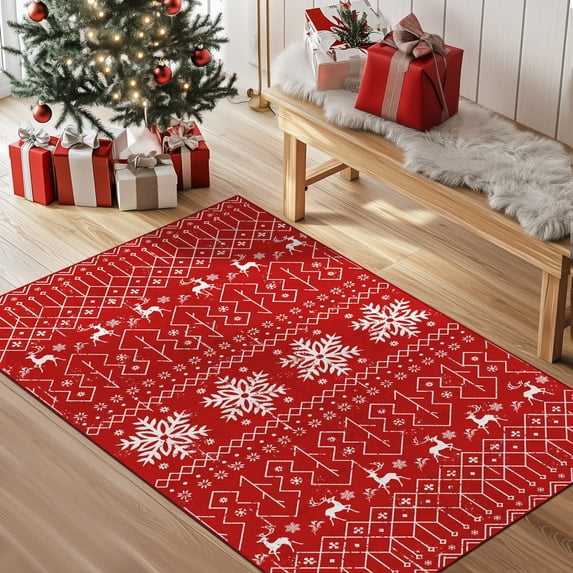 MJIAexp 3'x5' Christmas Area Rug,Washable Red Snowflake Indoor Christmas Holiday Decor Carpet, Non Slip Soft Low Pile Xmas Carpet for Living Room, Bedroom, Kitchen, Entryway, Dining Room, Red