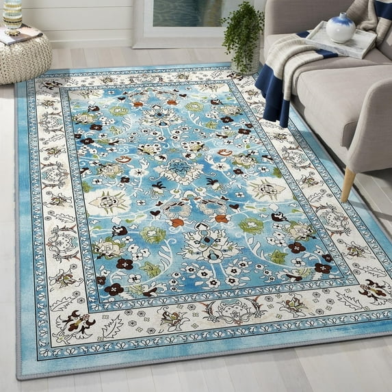 MJIAexp 3'x5' Moroccan Bedroom Rug Washable Vintage Boho Area Rug Non-Slip Accent Throw Rug Stain Resistant Floor Carpet for Kitchen Entryway Bathroom Living Room Office Floral Blue