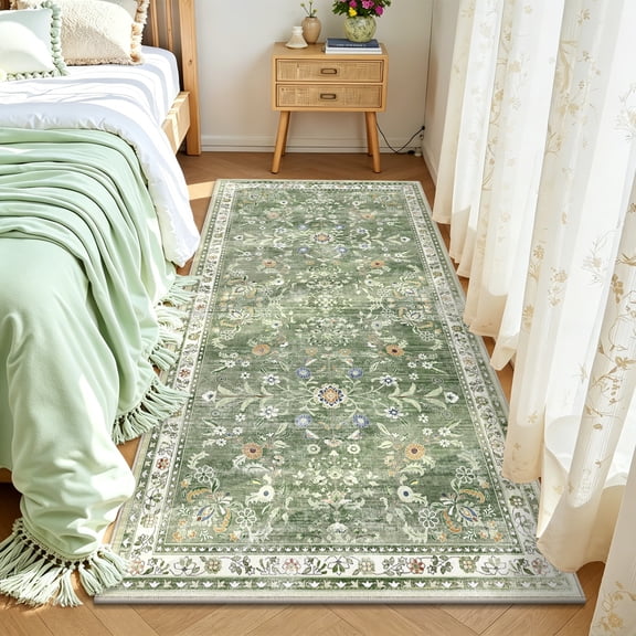 MJIAexp 3'x6' Boho Runner Rug,Non Slip Washable Floral Hallway Runner Rug with Rubber Backing, Low Pile Faux Wool Distressed Carpet for Kitchen, Laundry, Bedroom, Entrance,Green