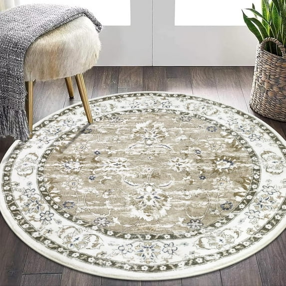 MJIAexp 4ft Mandala Boho Round Rug Circle Rug Non-Slip Machine Washable Area Rug Soft Bedroom Rug Throw Rug Vintage Carpet for Living Room Kitchen Dorm Coffee Table Distressed Brown
