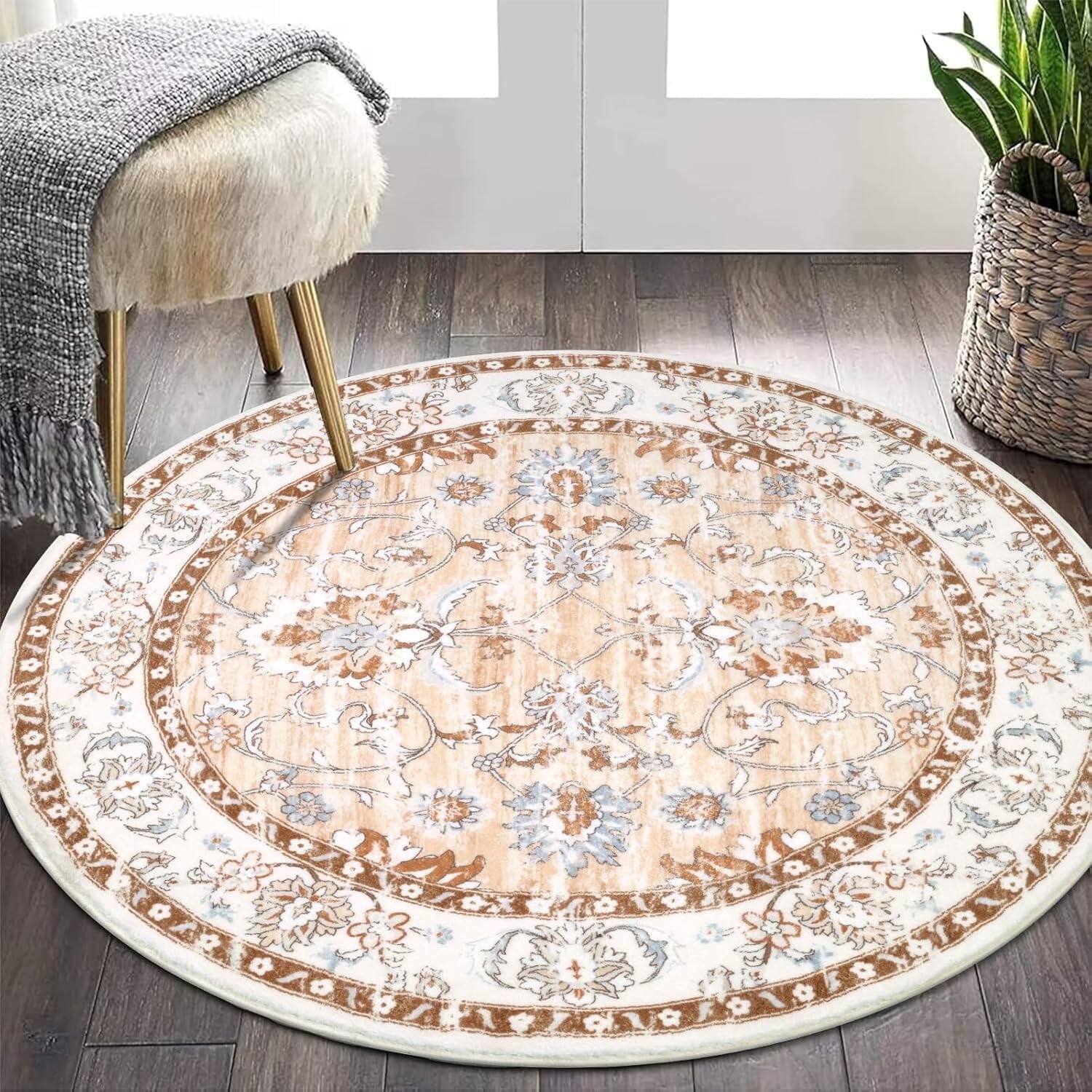MJIAexp 4ft Mandala Boho Round Rug Circle Rug Non-Slip Machine Washable Area Rug Soft Bedroom Rug Throw Rug Vintage Carpet for Living Room Kitchen Dorm Coffee Table Distressed Coffee