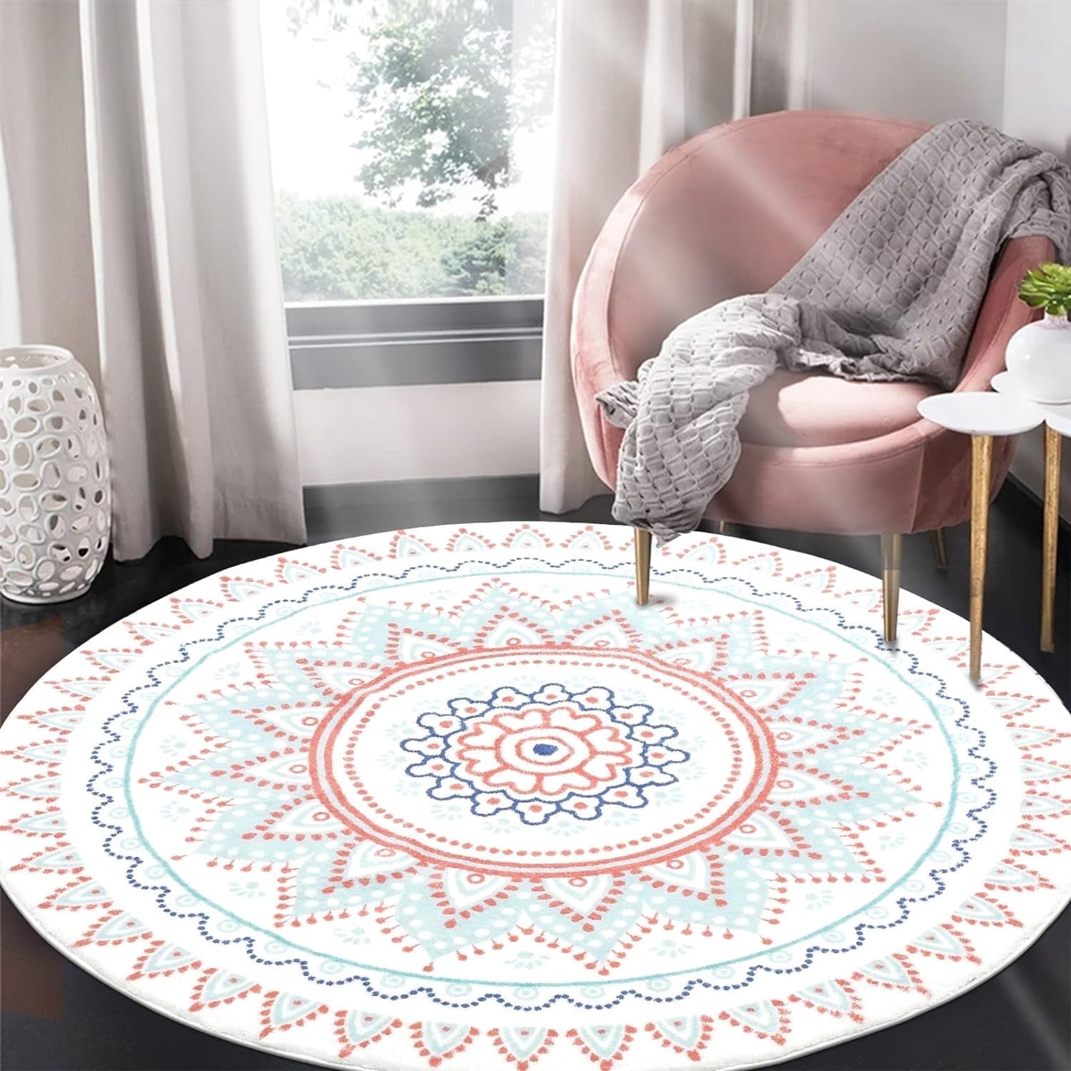 Boho Round MJIAexp 4ft Mandala Boho Round Rug Circle Rug Non-Slip Machine Washable ...