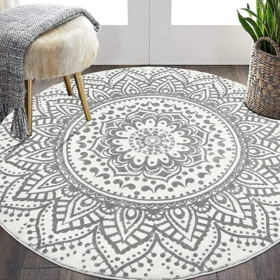 MJIAexp 4ft Mandala Boho Round Rug Circle Rug Non-Slip Machine Washable Area Rug Soft Bedroom Rug Throw Rug Vintage Carpet for Living Room Kitchen Dorm Coffee Table White Gray