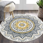 MJIAexp 4ft Mandala Boho Round Rug Circle Rug Non-Slip Machine Washable Area Rug Soft Bedroom Rug Throw Rug Vintage Carpet for Living Room Kitchen Dorm Coffee T