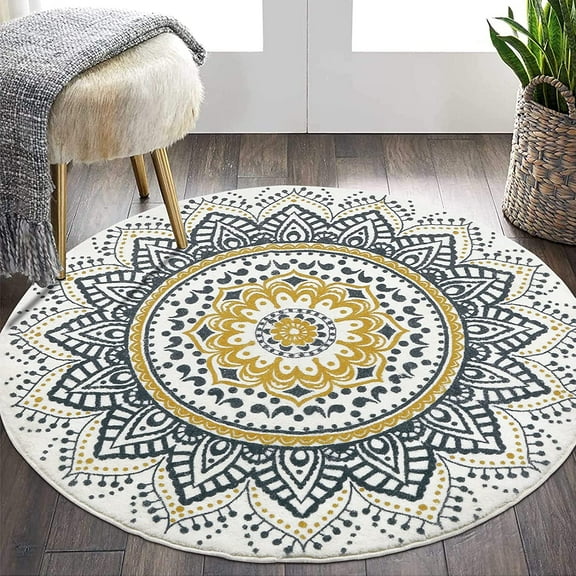 MJIAexp 4ft Mandala Boho Round Rug Circle Rug Non-Slip Machine Washable Area Rug Soft Bedroom Rug Throw Rug Vintage Carpet for Living Room Kitchen Dorm Coffee Table White Yellow