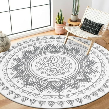 MJIAexp 4ft Mandala Boho Round Rug Circle Rug Non-Slip Machine Washable Area Rug Soft Bedroom Rug Throw Rug Vintage Carpet for Living Room Kitchen Dorm Coffee Table White