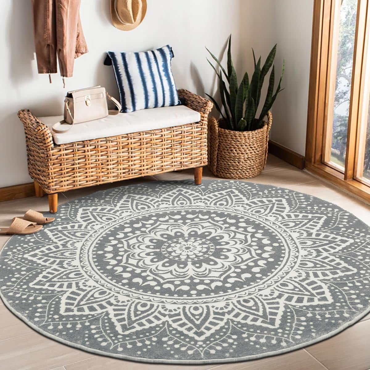 MJIAexp 5.3ft Mandala Boho Round Rug Circle Rug Non-Slip Machine ...