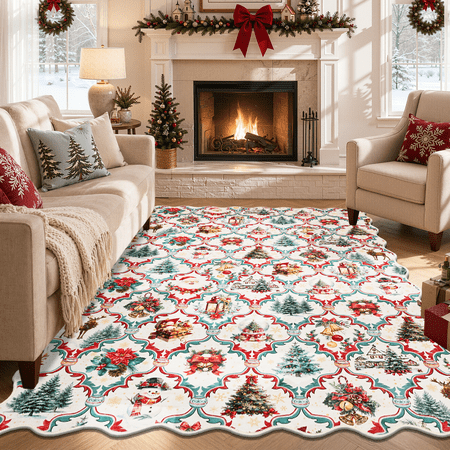 MJIAexp 5'x7' Christmas Area Rug,Large Washable Indoor Christmas Holiday Decor Carpet, Non Slip Soft Low Pile Xmas Rug for Living Room, Bedroom, Kitchen, Dining Room, Beige