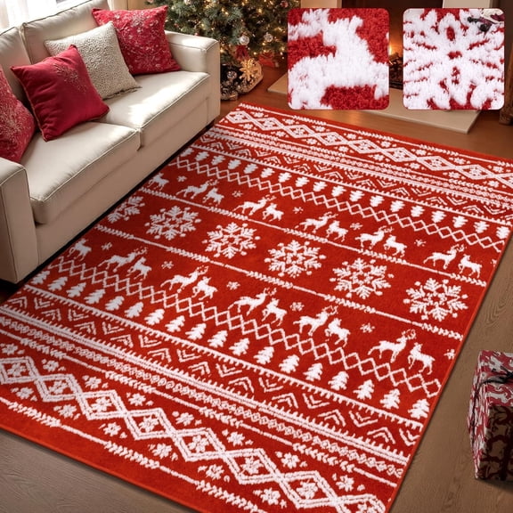 MJIAexp 5'x7' Christmas Area Rug,Washable Red Snowflake Indoor Christmas Holiday Decor Carpet, Non Slip Soft Low Pile Xmas Carpet for Living Room, Bedroom, Kitchen, Entryway, Dining Room, Red