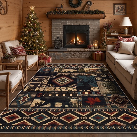 MJIAexp 5'x7' Christmas Area Rug Washable Living Room Rug, Xmas Vintage Western Buffalo Bear Decor Indoor Carpet Rugs, Non Slip Soft Low Pile Area Carpet for Living Room Bedroom Festive Decor
