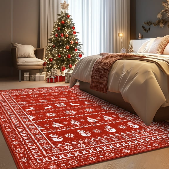 MJIAexp 5'x7' Christmas Area Rug,Washable Red Snowflake Indoor Christmas Holiday Decor Carpet, Non Slip Soft Low Pile Xmas Carpet for Living Room, Bedroom, Kitchen, Entryway, Dining Room, Red
