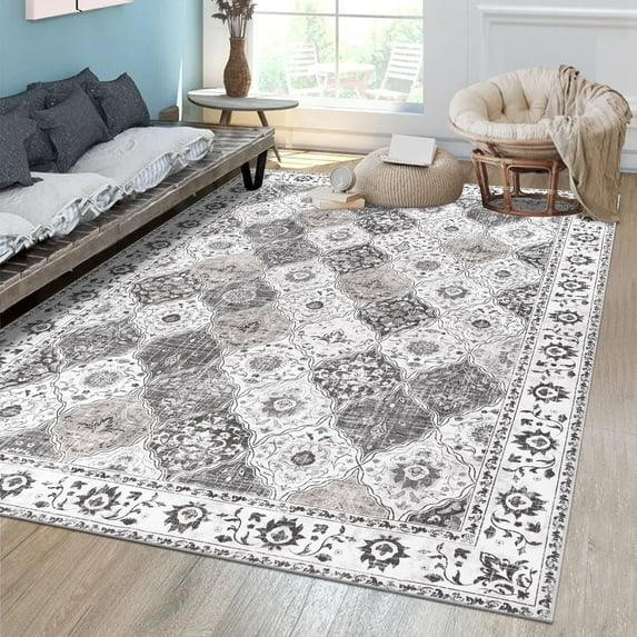 MJIAexp 5'x7' Moroccan Area Rug Washable Bedroom Rug Vintage Boho Area Rug Non-Slip Accent Throw Rug Stain Resistant Floor Carpet for Kitchen Entryway Living Room Office Gray