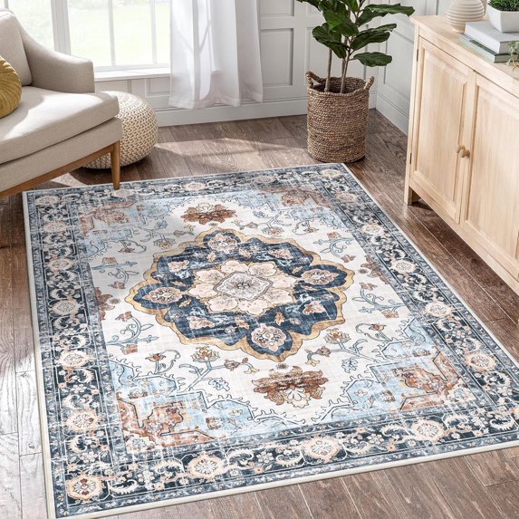 MJIAexp 5'x7' Vintage Boho Area Rug Washable Area Rug for Living Room Non-Slip Distressed Accent Rug Faux Wool Bedroom Rug Floor Carpet for Dining Room Bedroom Kitchen Entryway Office Blue