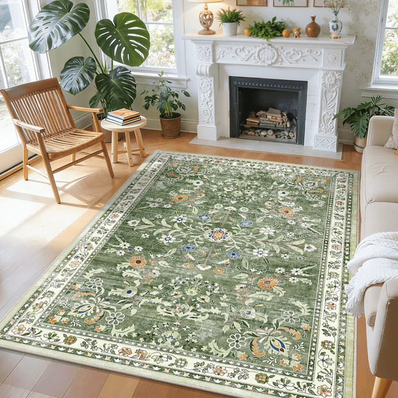 MJIAexp 5x7 Floral Area Rug Washable Bedroom Rug Vintage Boho Area Rug Non-Slip Accent Throw Rug Stain Resistant Floor Carpet for Kitchen Entryway Living Room Office Green