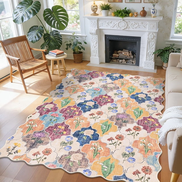 MJIAexp 5x7 Moroccan Floral Area Rug Washable Bedroom Rug Vintage Boho Area Rug Non-Slip Accent Throw Rug Stain Resistant Floor Carpet for Kitchen Entryway Living Room Office Multi-Color