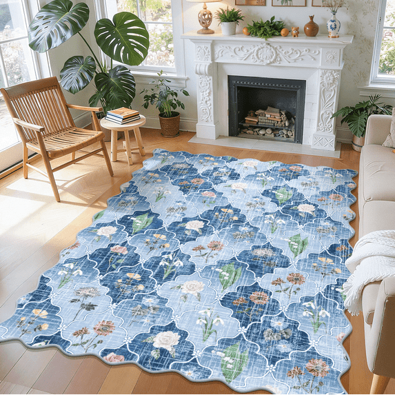 MJIAexp 5x7 Moroccan Floral Area Rug Washable Bedroom Rug Vintage Boho Area Rug Non-Slip Accent Throw Rug Stain Resistant Floor Carpet for Kitchen Entryway Living Room Office Blue