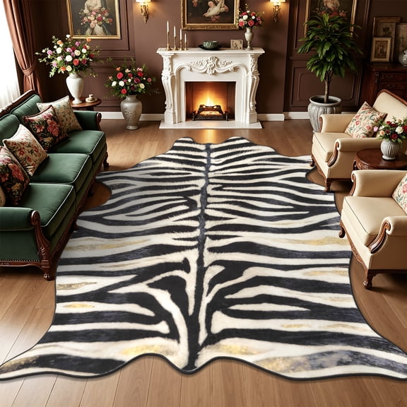 MJIAexp 5x7 Zebra Print Area Rug, Machine Washable Faux Wool Rug,Vintage Boho Non-Slip Animal Print Area Rug for Bedroom Living Room Office Home Decor