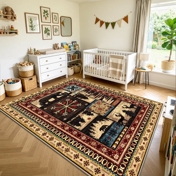 MJIAexp 6'x9' Area Rug Washable Living Room Rug, Vintage Western Bear Deer Decor Indoor Carpet Rugs, Non Slip Soft Low Pile Area Carpet for Living Room Bedroom Festive Decor