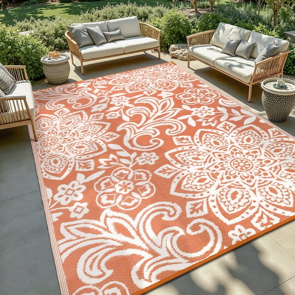 MJIAexp 6'x9' Orange Outdoor Rug Patio Rug Waterproof RV Outdoor Rug Camping Rugs Reversible Plastic Straw Rug Large Outdoor Mat for Camping, Balcony Apartment, Patio, Porch, Picnic, Beach
