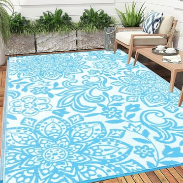 MJIAexp 6'x9' Blue Outdoor Rug Patio Rug Waterproof RV Outdoor Rug Camping Rugs Reversible Plastic Straw Rug Large Outdoor Mat for Camping, Balcony Apartment, Patio, Porch, Picnic, Beach