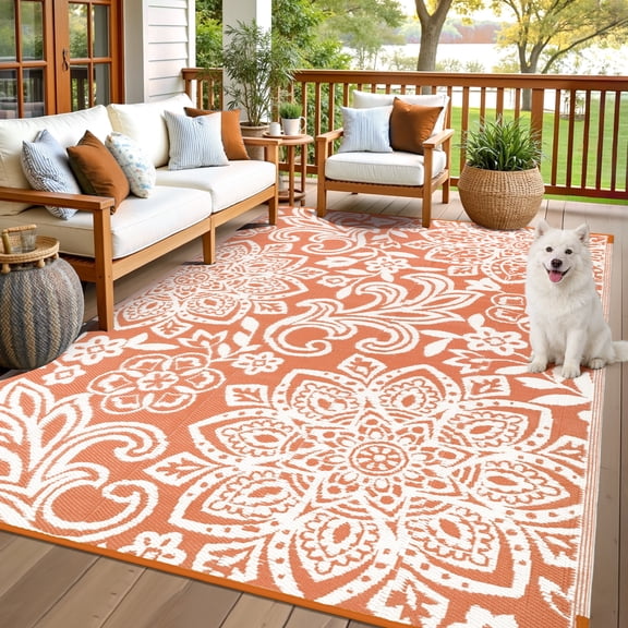 MJIAexp 6'x9' Orange Outdoor Rug Patio Rug Waterproof RV Outdoor Rug Camping Rugs Reversible Plastic Straw Rug Large Outdoor Mat for Camping, Balcony Apartment, Patio, Porch, Picnic, Beach