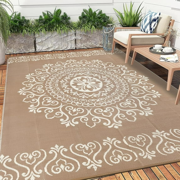 MJIAexp 6'x9' Brown Outdoor Rug Patio Rug Waterproof RV Outdoor Rug Camping Rugs Reversible Plastic Straw Rug Large Outdoor Mat for Camping, Balcony Apartment, Patio, Porch, Picnic, Beach