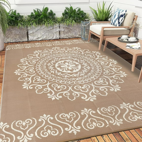 MJIAexp 6'x9' Brown Outdoor Rug Patio Rug Waterproof RV Outdoor Rug Camping Rugs Reversible Plastic Straw Rug Large Outdoor Mat for Camping, Balcony Apartment, Patio, Porch, Picnic, Beach