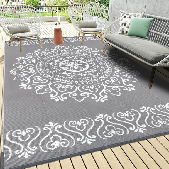 MJIAexp 6'x9' Gray Outdoor Rug Patio Rug Waterproof RV Outdoor Rug Camping Rugs Reversible Plastic Straw Rug Large Outdoor Mat for Camping, Balcony Apartment, Patio, Porch, Picnic, Beach
