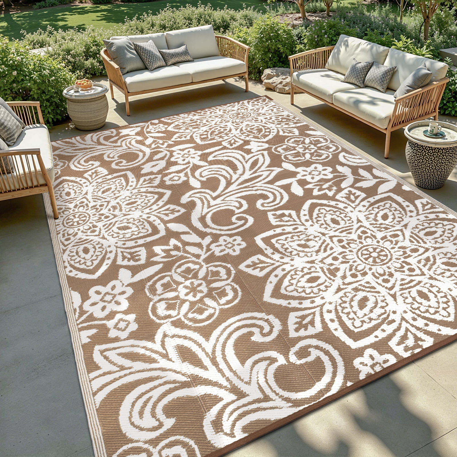 MJIAexp 6'x9' Brown Outdoor Rug Patio Rug Waterproof RV Outdoor Rug Camping Rugs Reversible Plastic Straw Rug Large Outdoor Mat for Camping, Balcony Apartment, Patio, Porch, Picnic, Beach