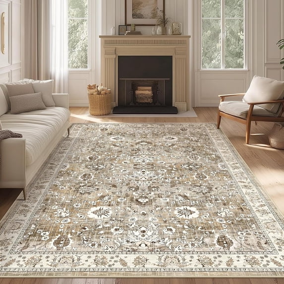 MJIAexp 6'x9' Moroccan Area Rug Washable Bedroom Rug Vintage Boho Area Rug Non-Slip Accent Throw Rug Stain Resistant Floor Carpet for Kitchen Entryway Living Room Office Floral Beige