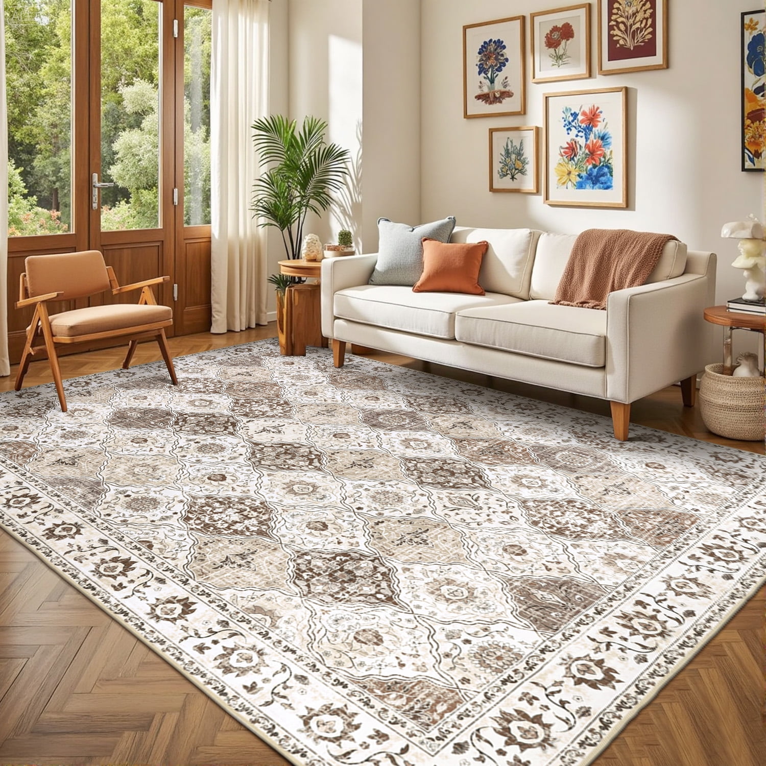 MJIAexp 6'x9' Moroccan Area Rug Washable Bedroom Rug Vintage Boho Area Rug Non-Slip Accent Throw Rug Stain Resistant Floor Carpet for Kitchen Entryway Living Room Office Boho Beige