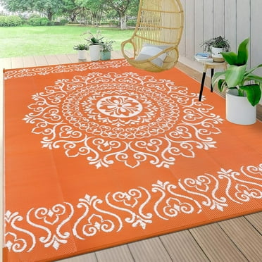 MJIAexp 6'x9' Orange Outdoor Rug Patio Rug Waterproof RV Outdoor Rug Camping Rugs Reversible Plastic Straw Rug Large Outdoor Mat for Camping, Balcony Apartment, Patio, Porch, Picnic, Beach