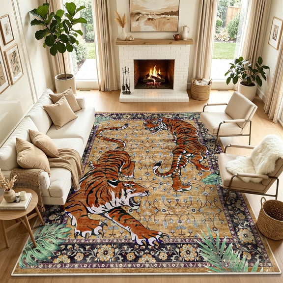 MJIAexp 8'x10' Tiger Area Rugs,Washable Rugs for Living Room, Large Soft Vintage Bedroom Rug, Botanical Non Slip Ultra Thin Floor Carpet for Dining Room Home Office