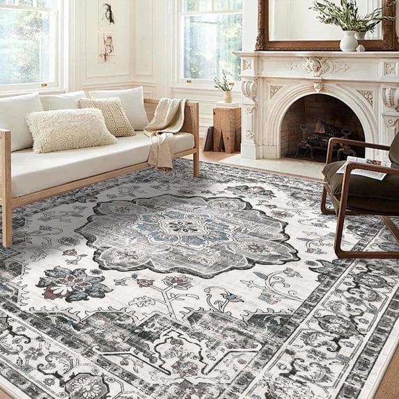 MJIAexp 6'x9' Vintage Boho Area Rug Washable Area Rug for Living Room Non-Slip Distressed Accent Rug Faux Wool Bedroom Rug Floor Carpet for Dining Room Bedroom Kitchen Entryway Office Gray