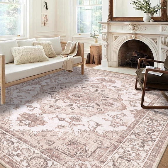 MJIAexp 6'x9' Vintage Boho Area Rug Washable Area Rug for Living Room Non-Slip Distressed Accent Rug Faux Wool Bedroom Rug Floor Carpet for Dining Room Bedroom Kitchen Entryway Office Pink