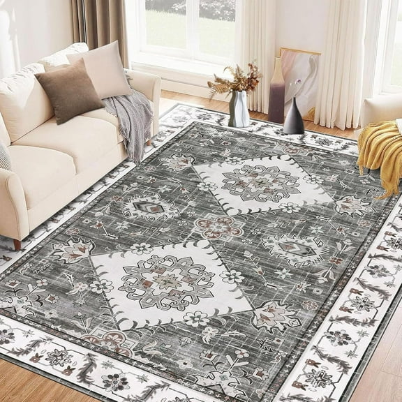 MJIAexp 6'x9' Vintage Boho Area Rug Washable Area Rug for Living Room Non-Slip Distressed Accent Rug Faux Wool Bedroom Rug Floor Carpet for Dining Room Bedroom Kitchen Entryway Office Gray