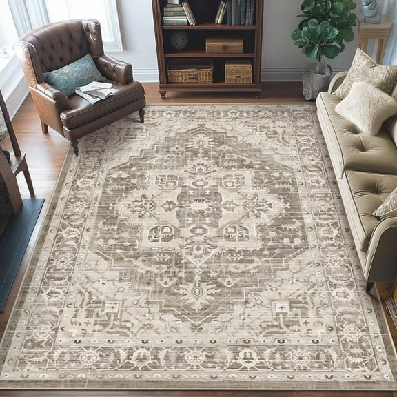 MJIAexp 6x9 Vintage Area Rugs Machine Washable Rug with Rubber Backing Stain Resistant Rugs Anti Slip Living Room Rug, Bedroom Rug, Home Decor Beige