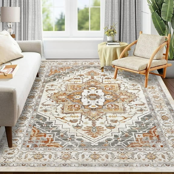 MJIAexp 6x9 Vintage Area Rugs Machine Washable Rug with Rubber Backing Stain Resistant Rugs Anti Slip Living Room Rug, Bedroom Rug, Home Decor Gold