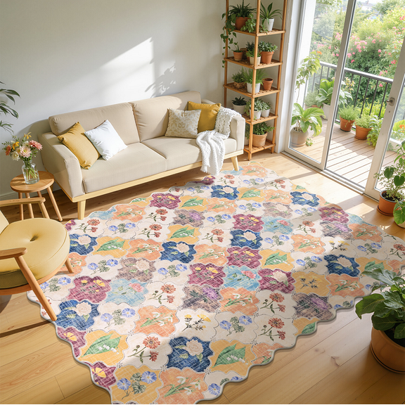 MJIAexp 6x9 Moroccan Floral Washable Area Rugs,Soft Bedroom Large Rug for Living Room Ultra-Thin Non Slip Dining Room Rug, Stain Resistant Boho Rugs Easy Clean Throw Carpet for Office