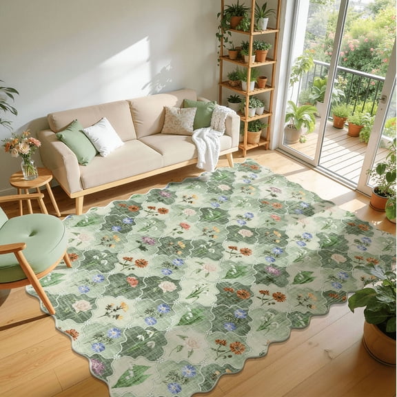 MJIAexp 6x9 Moroccan Floral Washable Area Rugs,Soft Bedroom Large Rug for Living Room Ultra-Thin Non Slip Dining Room Rug, Stain Resistant Boho Rugs Easy Clean Throw Carpet for Office