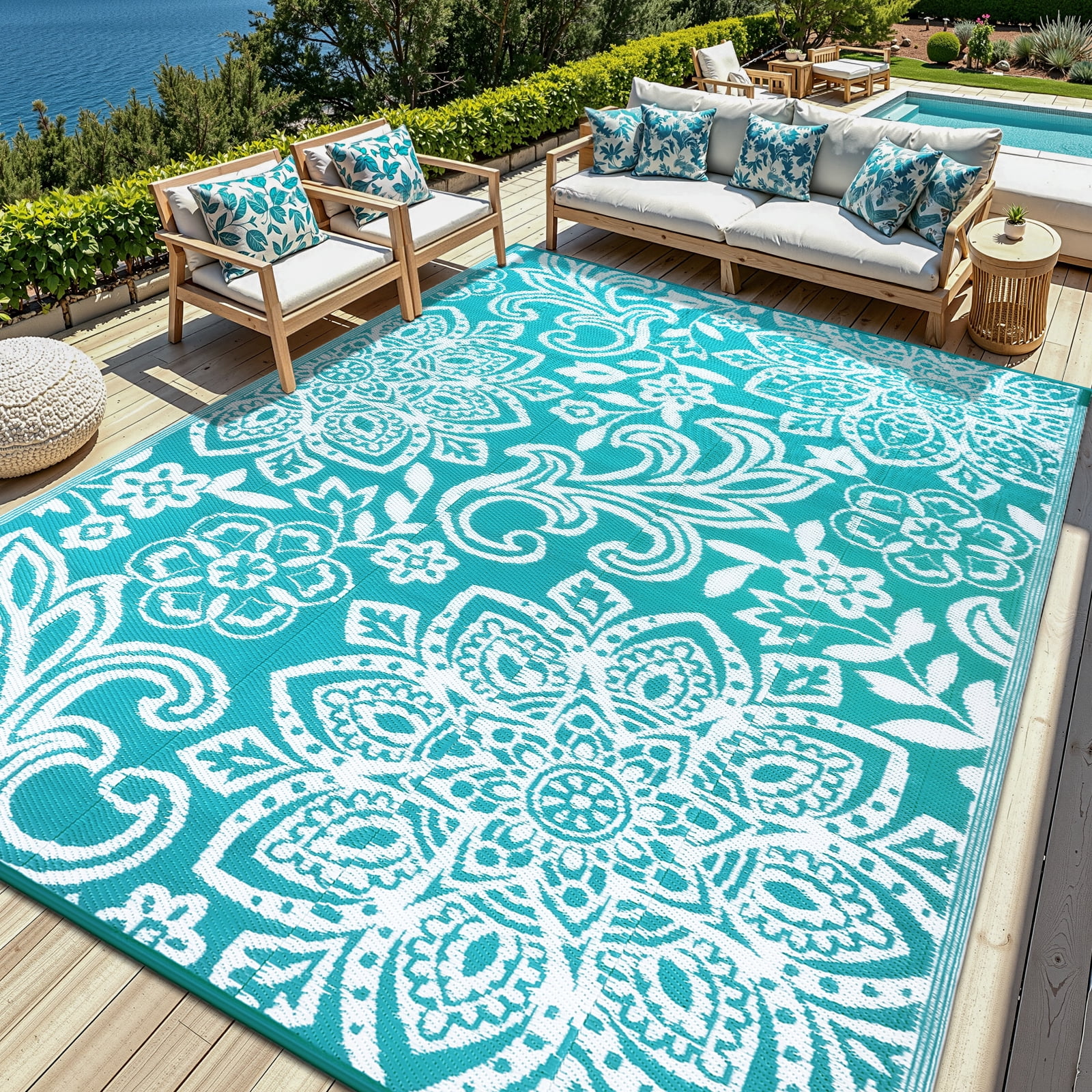 MJIAexp 8'x10' Beach Blue Outdoor Rug Patio Rug Waterproof RV Outdoor Rug Camping Rugs Reversible Plastic Straw Rug Large Outdoor Mat for Camping, Balcony Apartment, Patio, Porch, Picnic, Beach